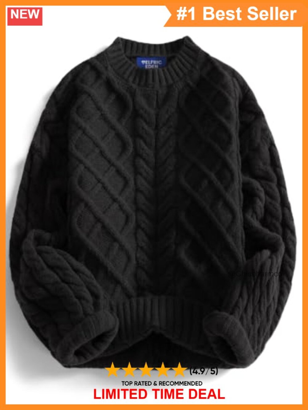 Women's Oversized Cable Knit Crewneck Pullover Sweater Lantern Sleeve